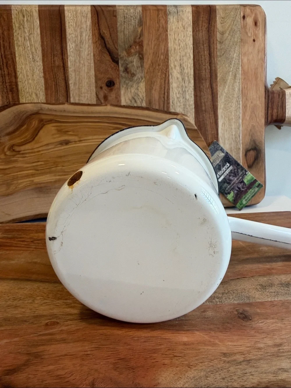Vintage European White Enamel Milk Pan with Blue Rim